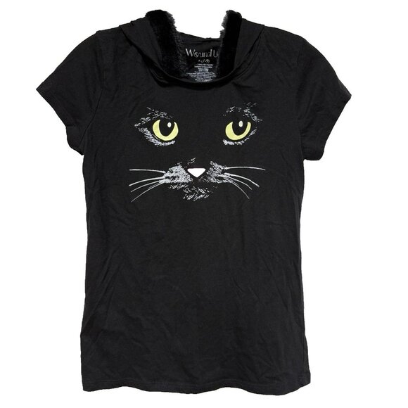 Wound up Girls Juniors Medium Black Kitty Cat Hoodie T-Shirt Costume Tee - Picture 1 of 6